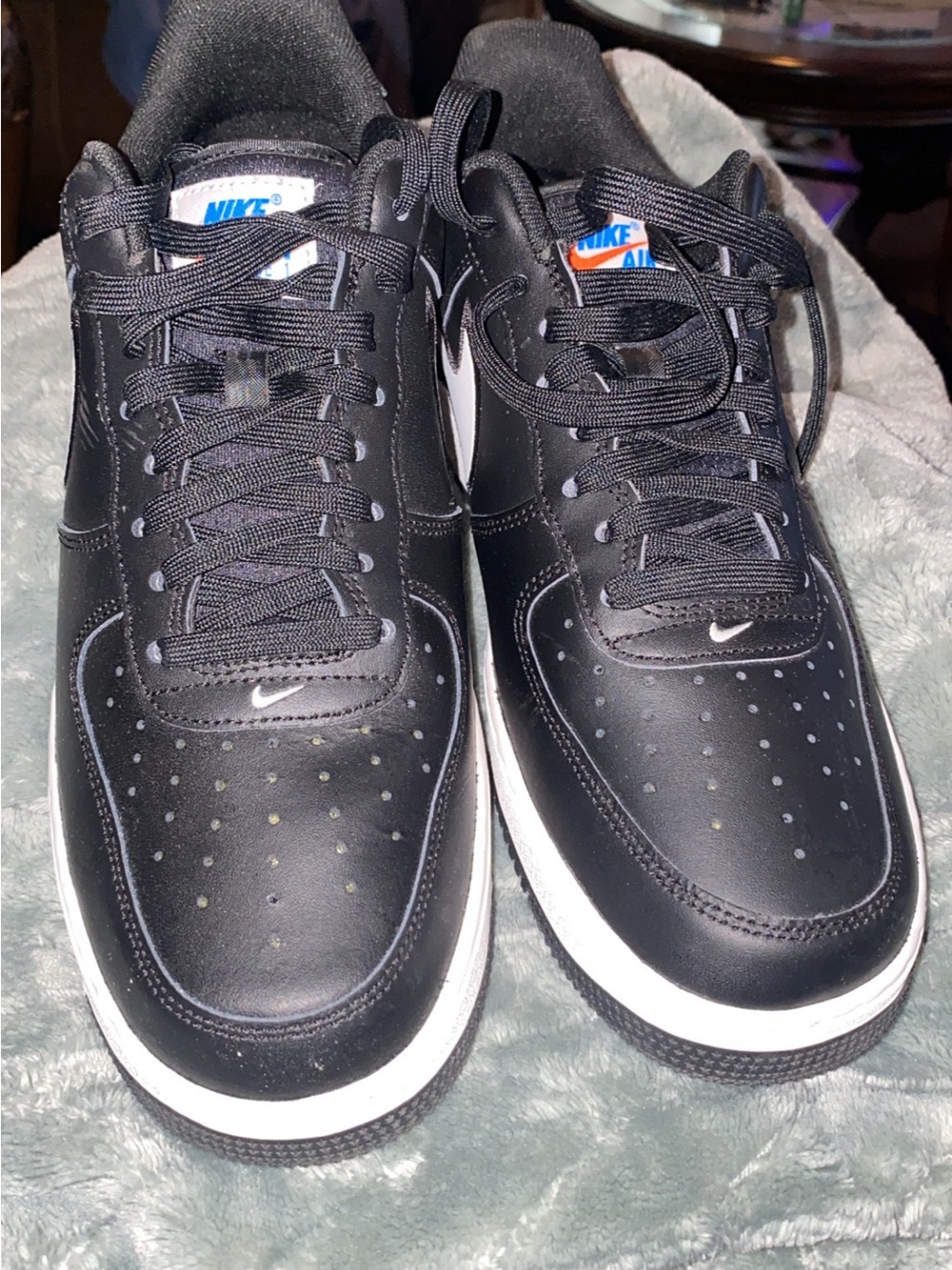 Nike Men’s Air Force 1 Low - Black/White with Blue/Orange Tongue Logos